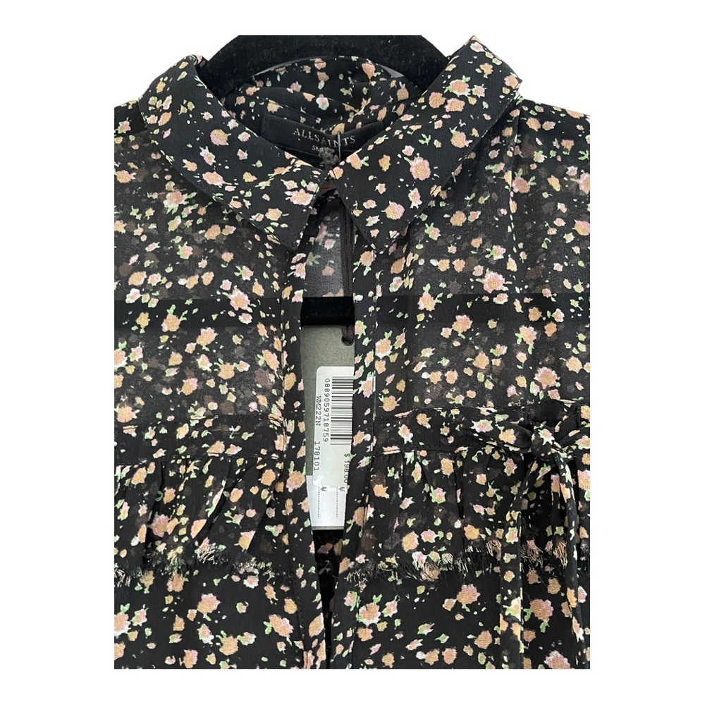 All Saints $198 Diedre Floral Ruffle Tie Semi Sheer Long Tunic Top Size Small - Picture 3 of 10